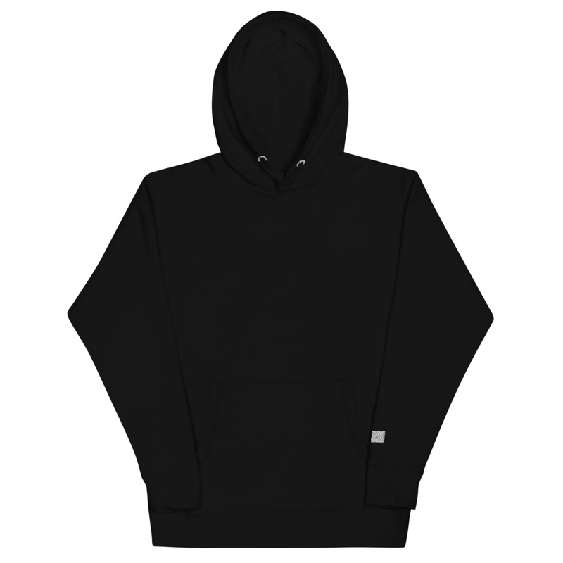 Front view of a plain black hoodie with drawstring hood and front pouch pocket